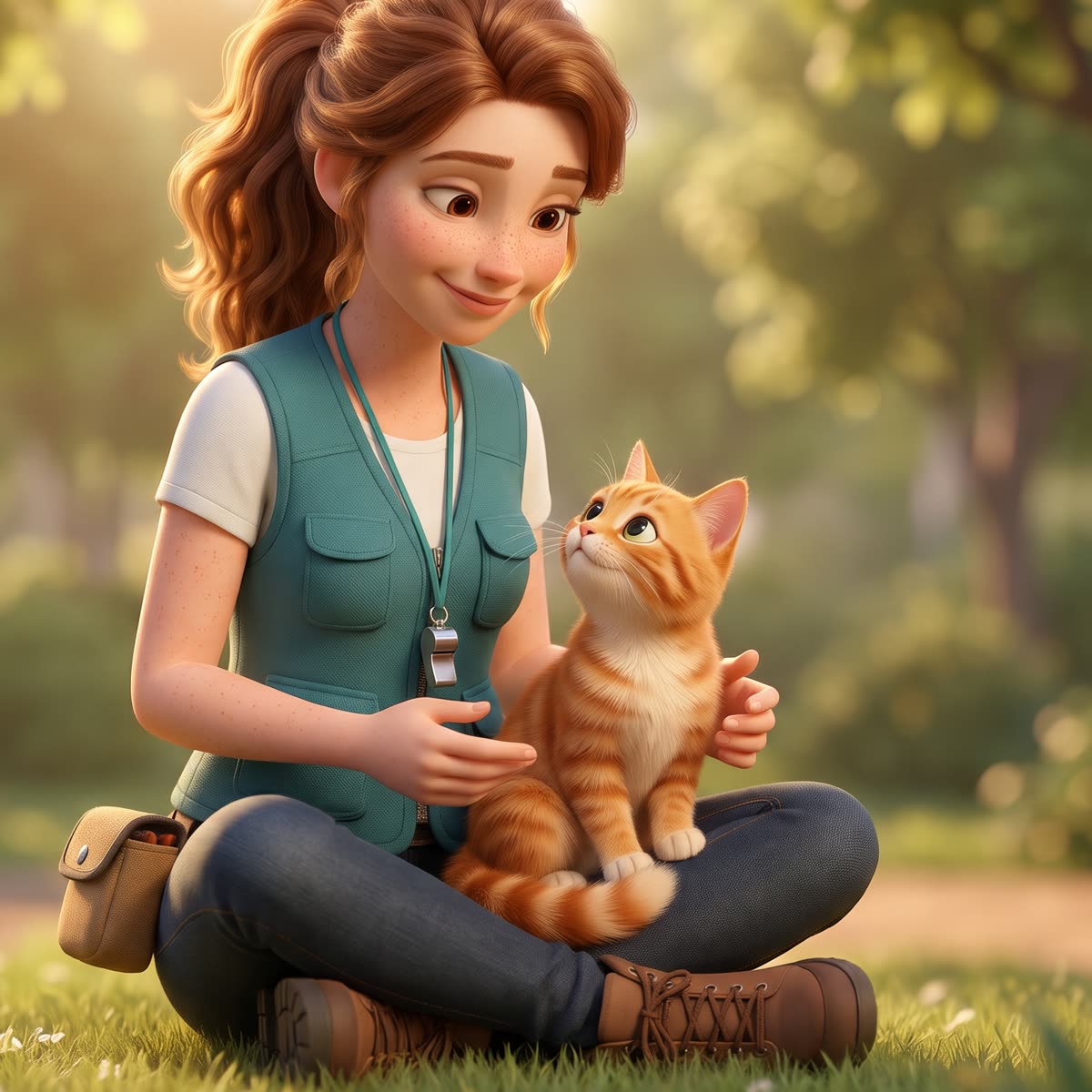 The trainer sits in the grass with an orange kitten in her lap