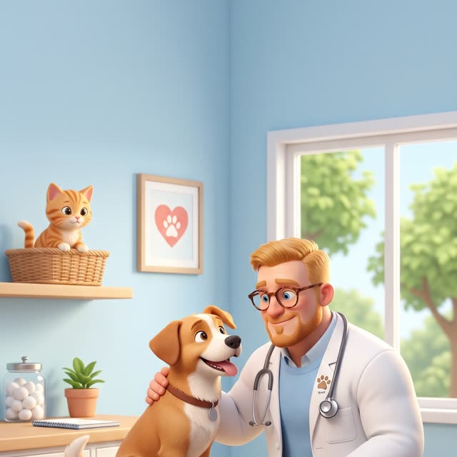 Dr. Brett kneeling beside a happy dog in the exam room