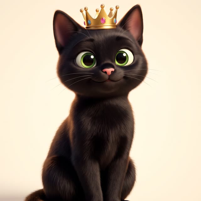 Princess Mindy, a black cat wearing a little gold crown
