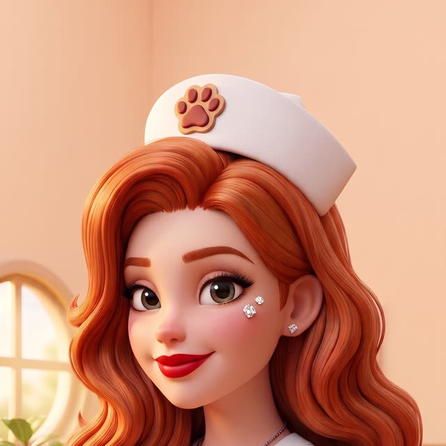 Nurse Tina in her paw-print cap